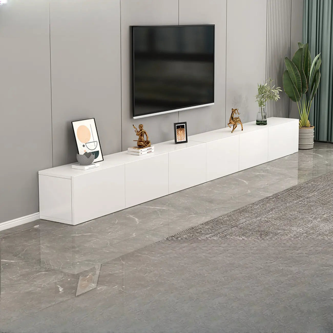 Meuble TV rectangulaire en bois blanc de 71 pouces avec rangement