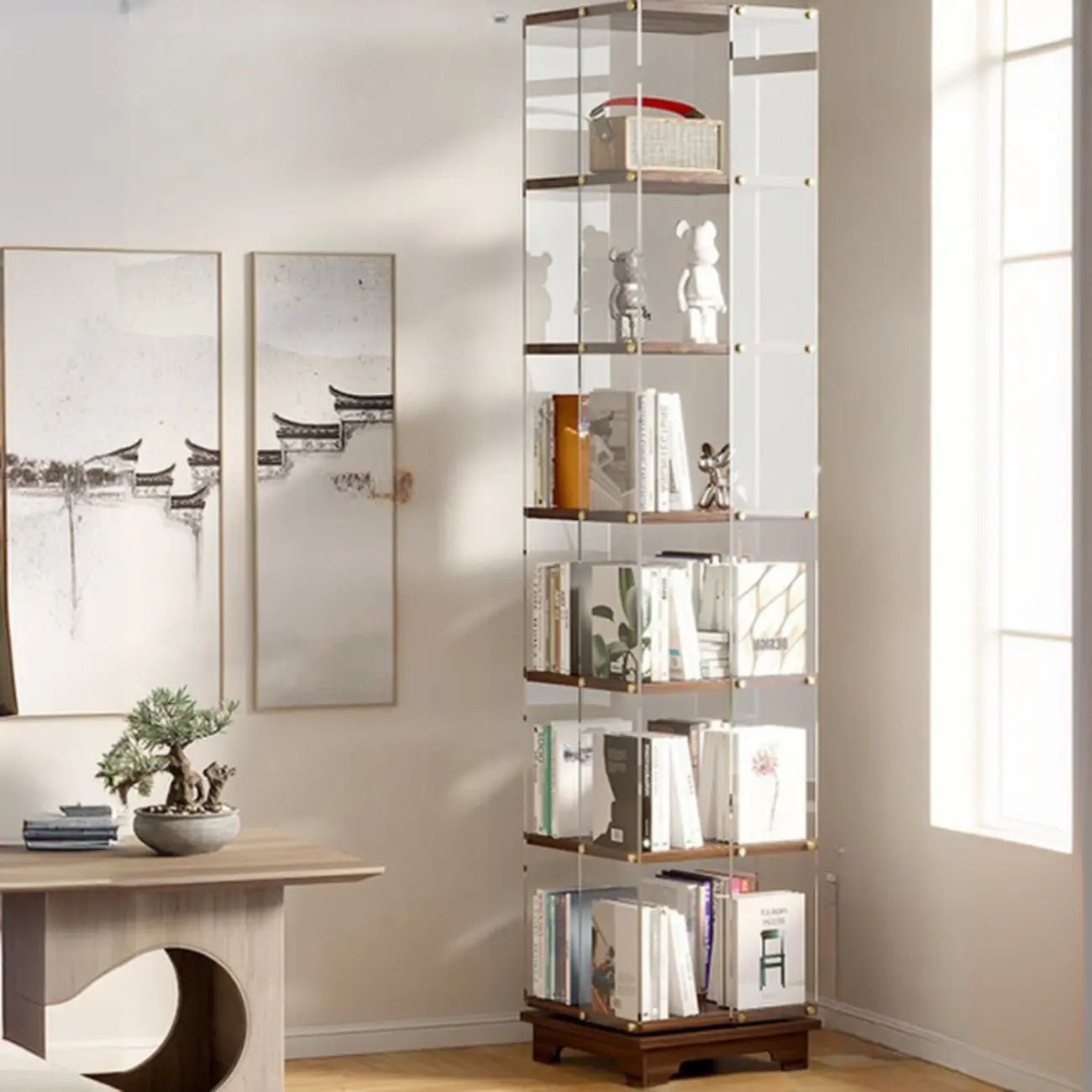 Étagère carrée Art Déco en bois, panneau de verre, commode pivotante