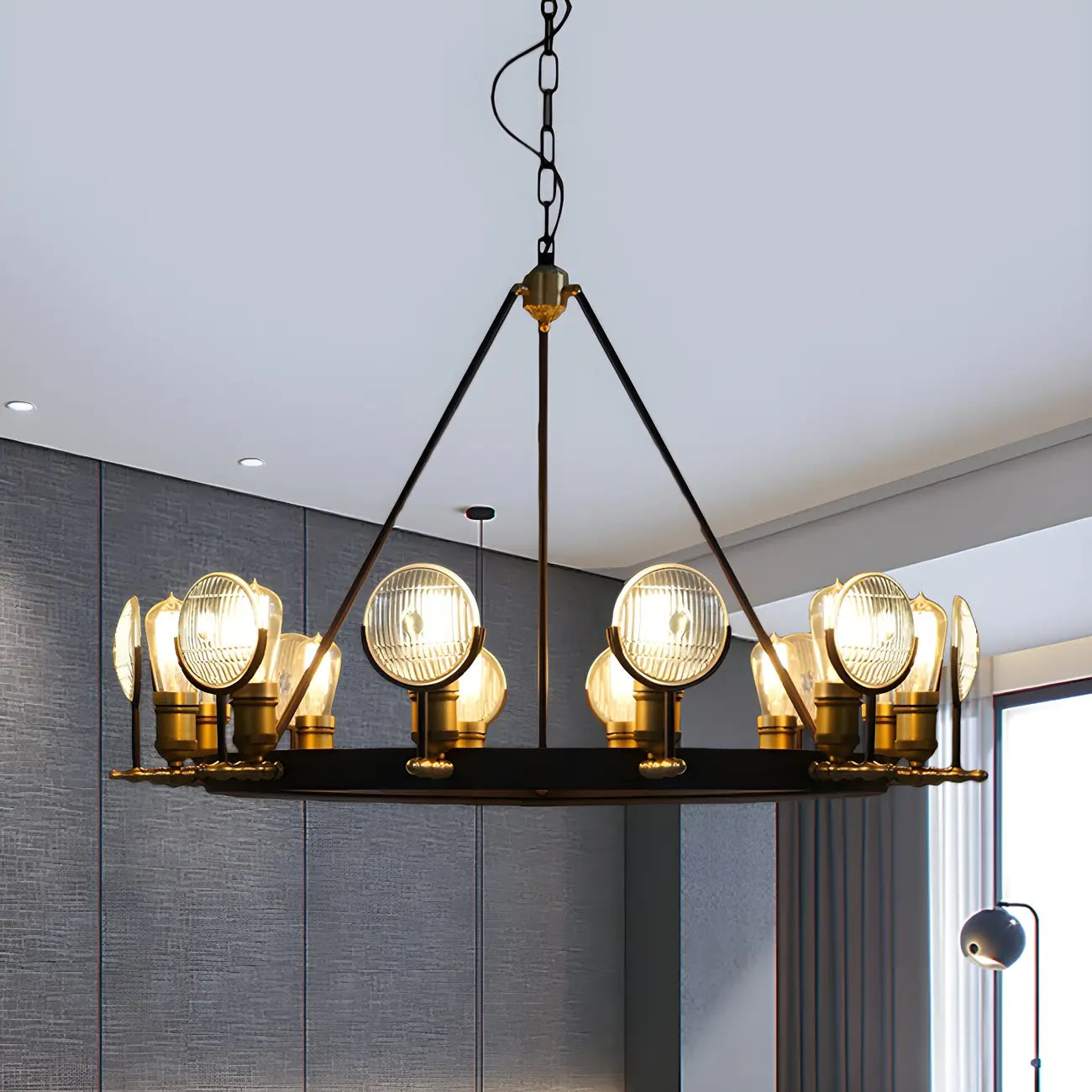 Lustre vintage à lentille en verre à grille, kit de suspension pour restaurant 6/9/12 lumières, noir.