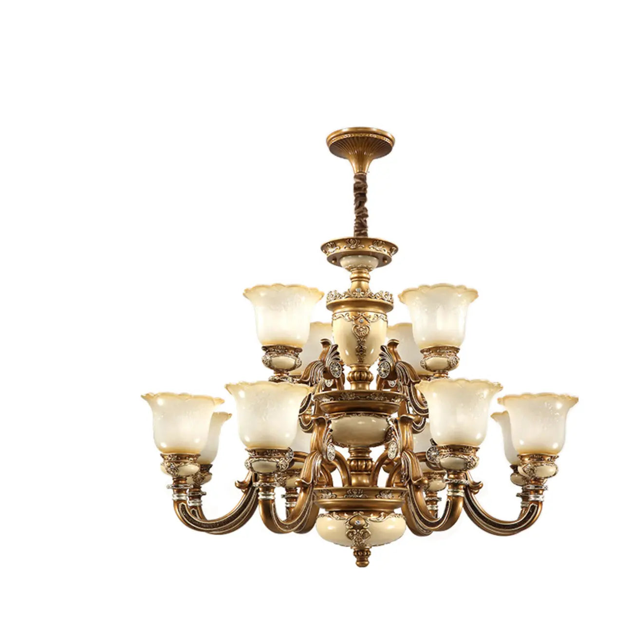 Lustre vintage en laiton, céramique et verre, en forme de cloche, avec éclairage indirect, pour salon.