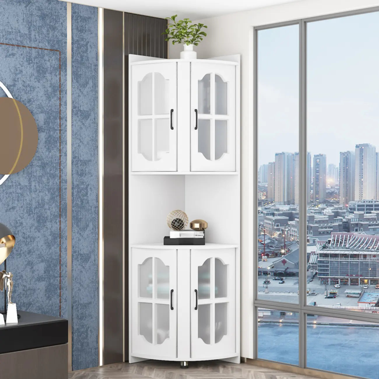 Élégant meuble de rangement d'angle en bois blanc vermillon