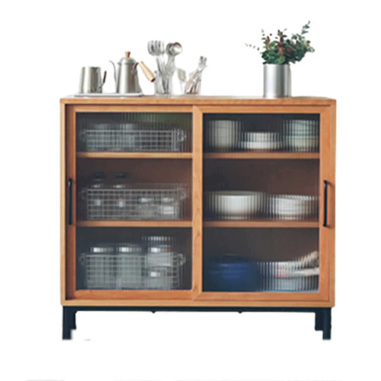 Armoire de rangement moderne en bois naturel avec portes coulissantes en verre