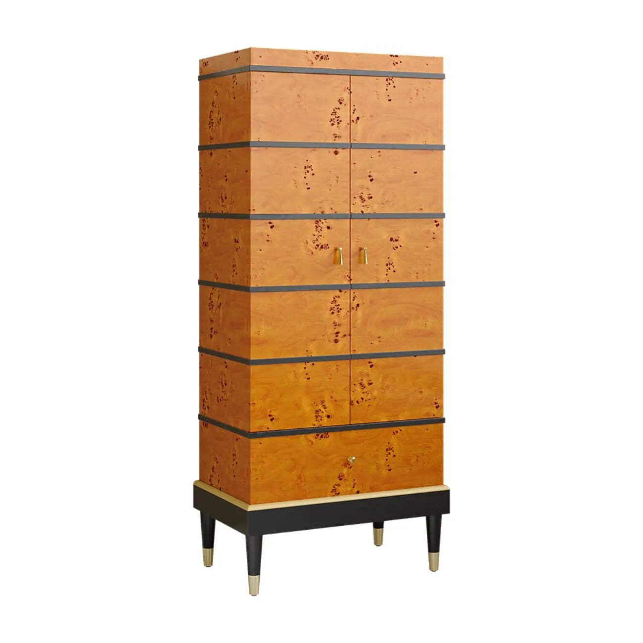 Meuble à vin rustique en loupe de bois avec tiroirs et porte-verres