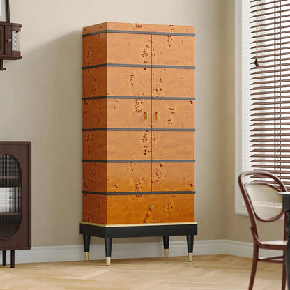 Meuble à vin rustique en loupe de bois avec tiroirs et porte-verres