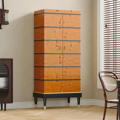 Meuble à vin rustique en loupe de bois avec tiroirs et porte-verres