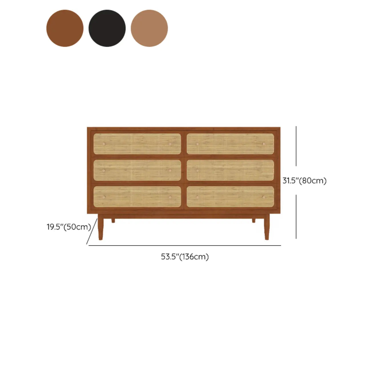 Commode tropicale en bois avec tiroirs et poignées dorées