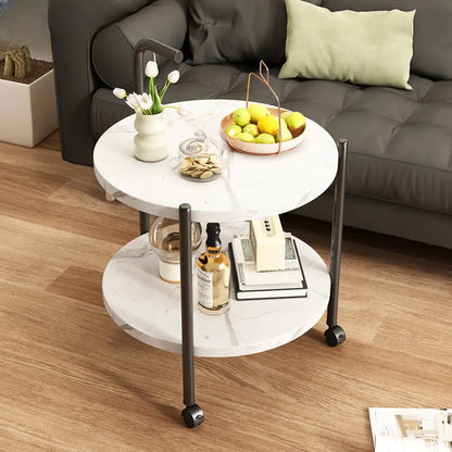 Table basse ronde moderne en bois à deux niveaux avec roulettes et plateau