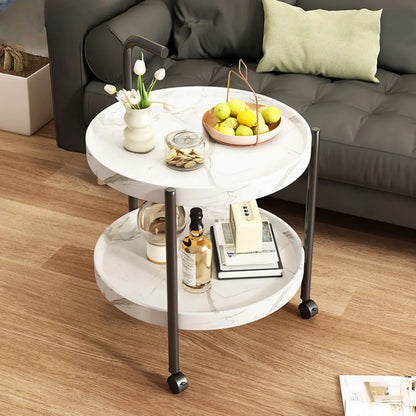 Table basse ronde moderne en bois à deux niveaux avec roulettes et plateau