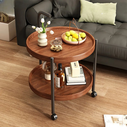 Table basse ronde moderne en bois à deux niveaux avec roulettes et plateau