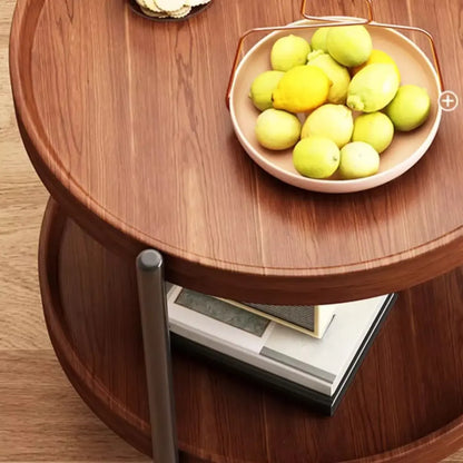 Table basse ronde moderne en bois à deux niveaux avec roulettes et plateau