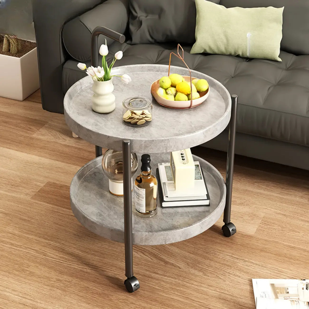 Table basse ronde moderne en bois à deux niveaux avec roulettes et plateau