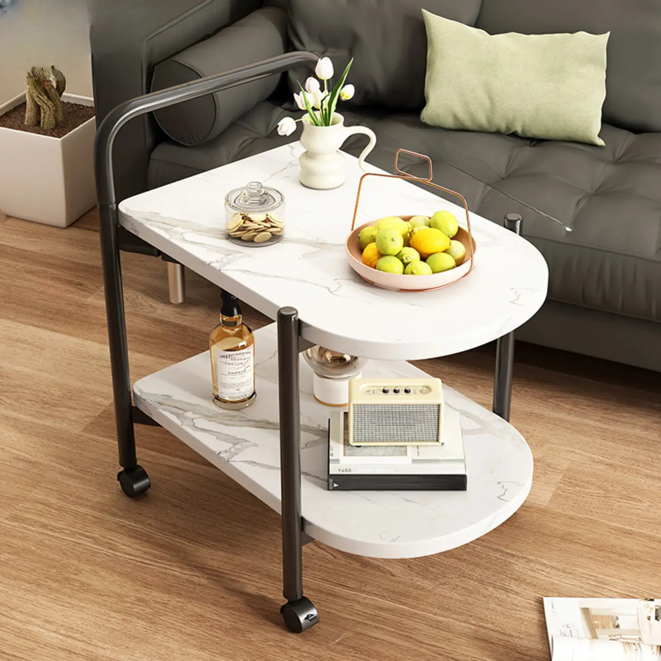 Table basse ronde moderne en bois à deux niveaux avec roulettes et plateau