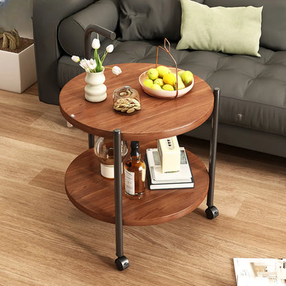 Table basse ronde moderne en bois à deux niveaux avec roulettes et plateau