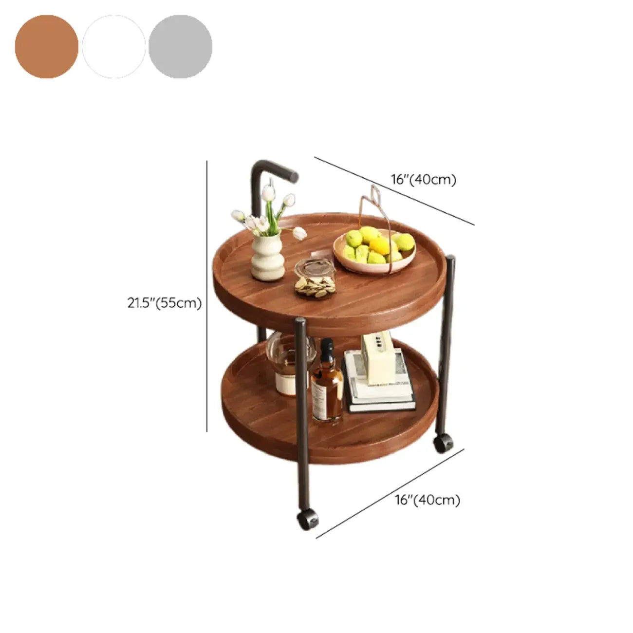 Table basse ronde moderne en bois à deux niveaux avec roulettes et plateau