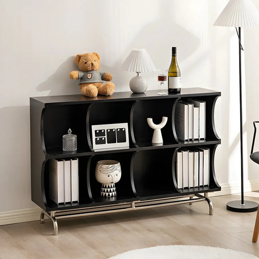 Vitrine rectangulaire en bois noir avec rangement ouvert