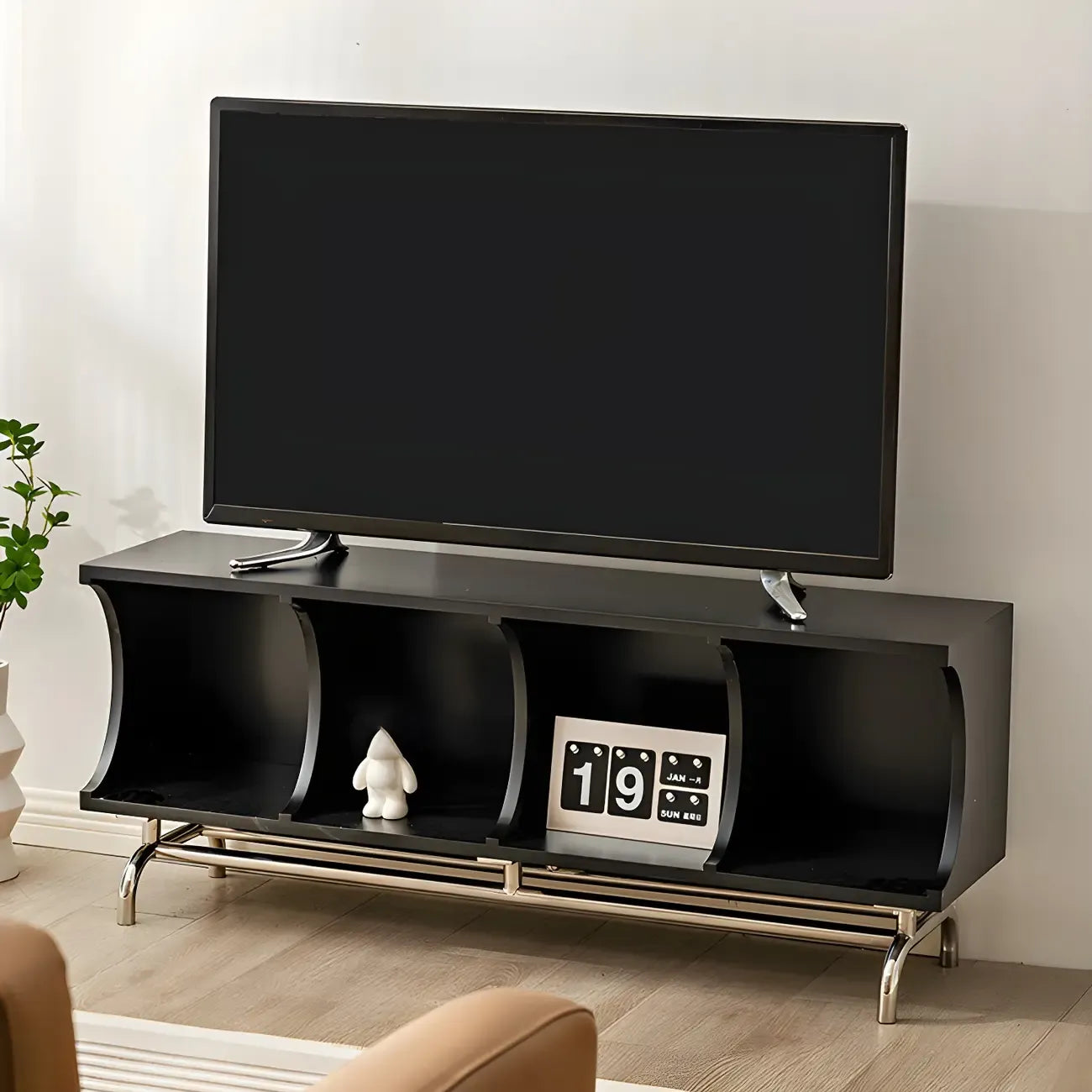 Vitrine rectangulaire en bois noir avec rangement ouvert