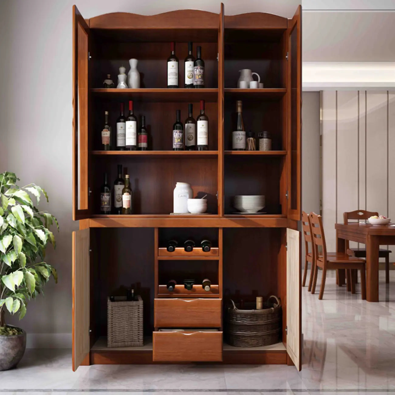 Meuble à vin classique en bois naturel, autoportant, pour salon