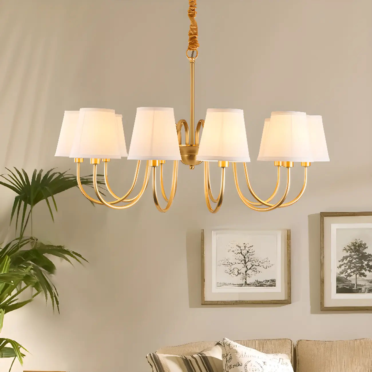 Lustre suspendu moderne en laiton avec abat-jour en tissu