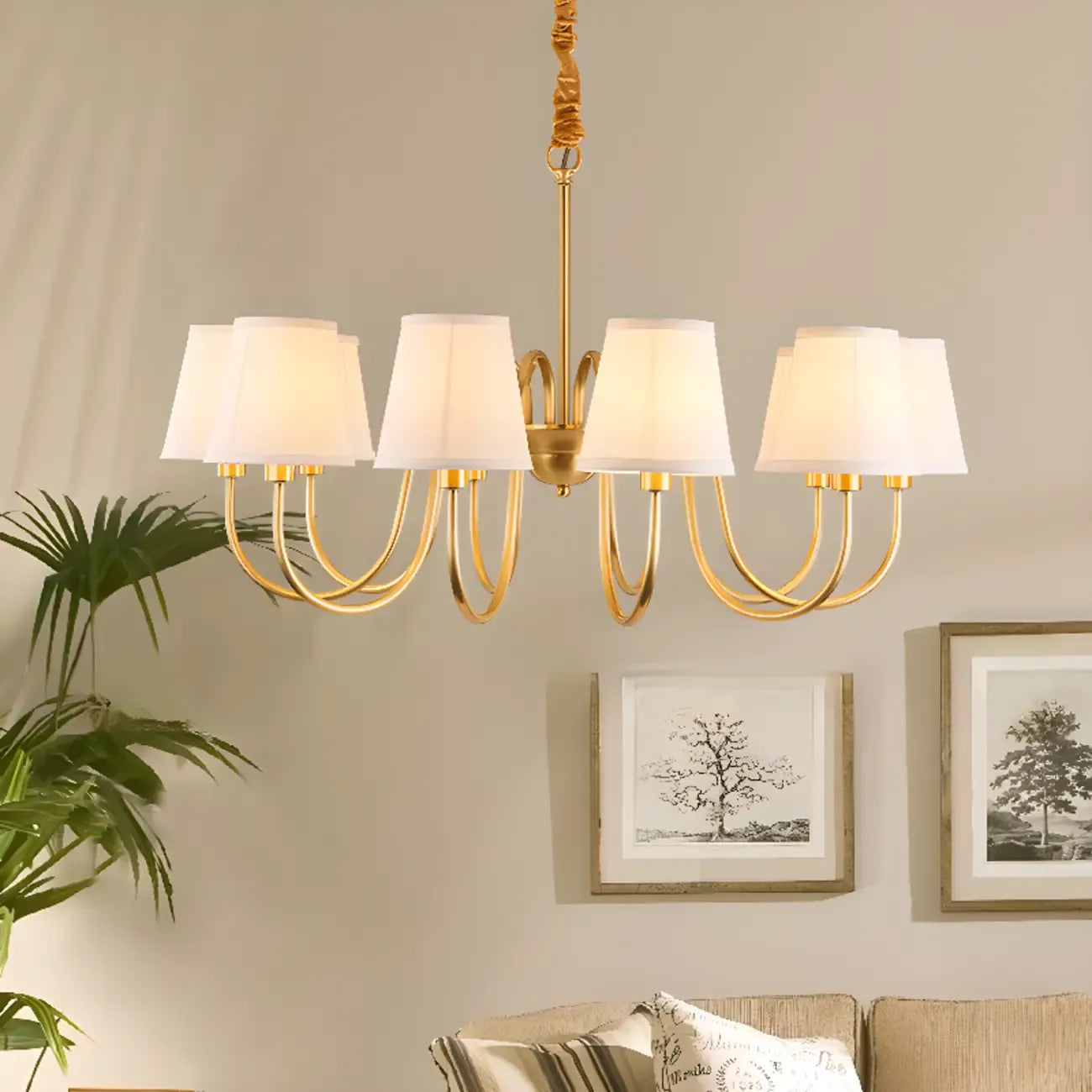Lustre suspendu moderne en laiton avec abat-jour en tissu