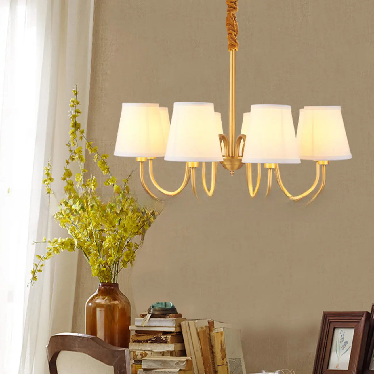 Lustre suspendu moderne en laiton avec abat-jour en tissu