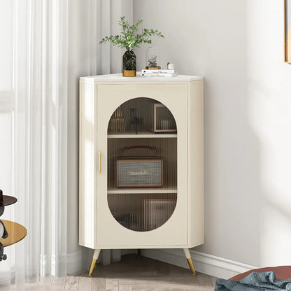 Meuble d'angle blanc à 3 pieds avec plateau imitation marbre et piètement en fer