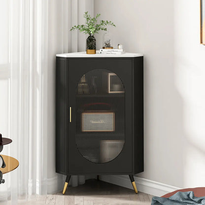 Meuble d'angle blanc à 3 pieds avec plateau imitation marbre et piètement en fer