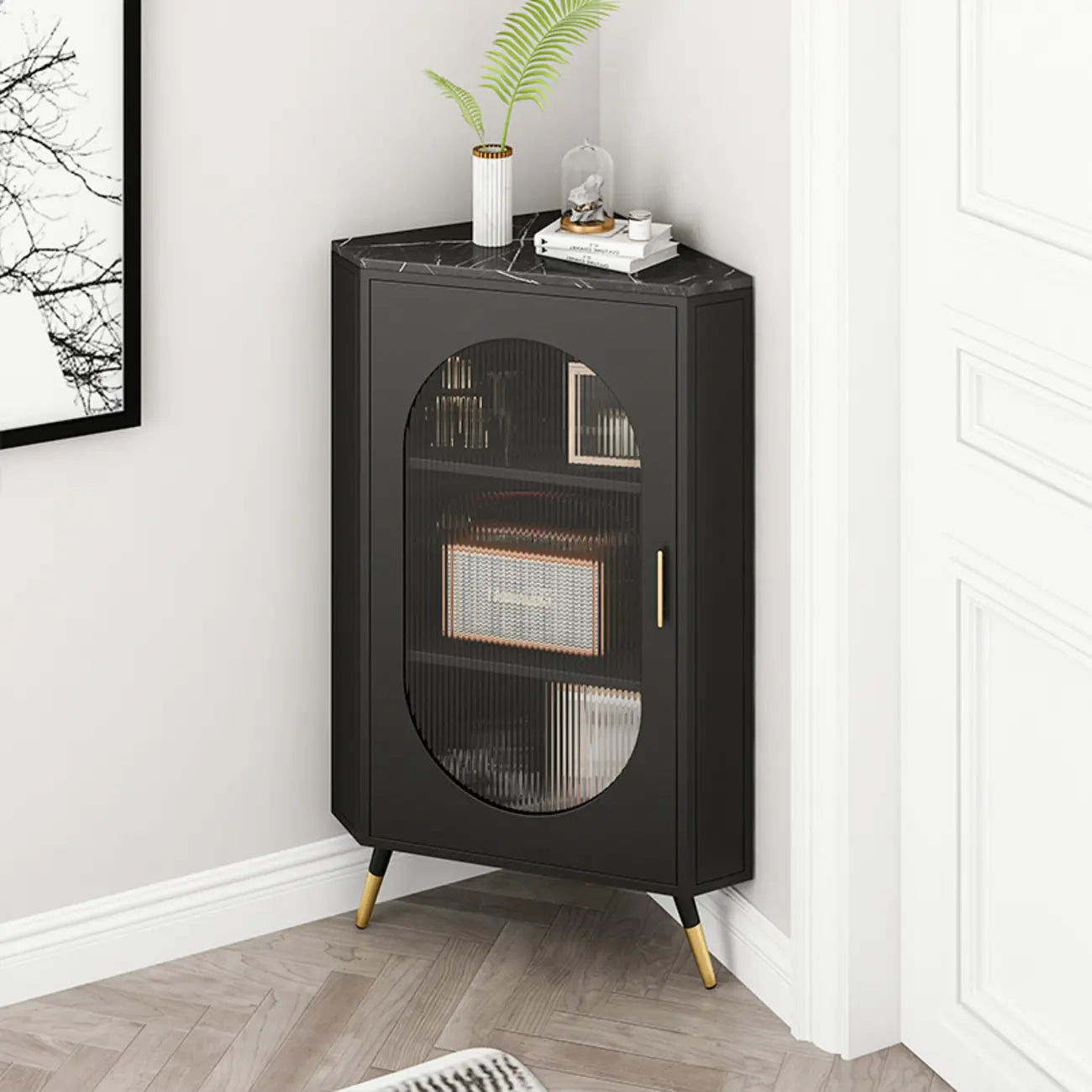 Meuble d'angle blanc à 3 pieds avec plateau imitation marbre et piètement en fer