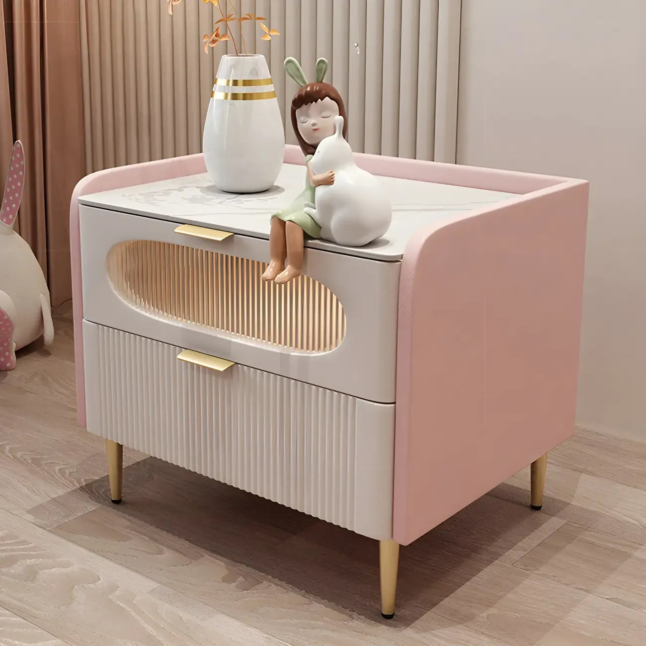 Table de chevet moderne en cuir avec 2 tiroirs et plateau en pierre