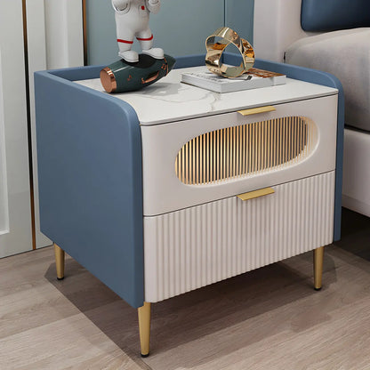 Table de chevet moderne en cuir avec 2 tiroirs et plateau en pierre