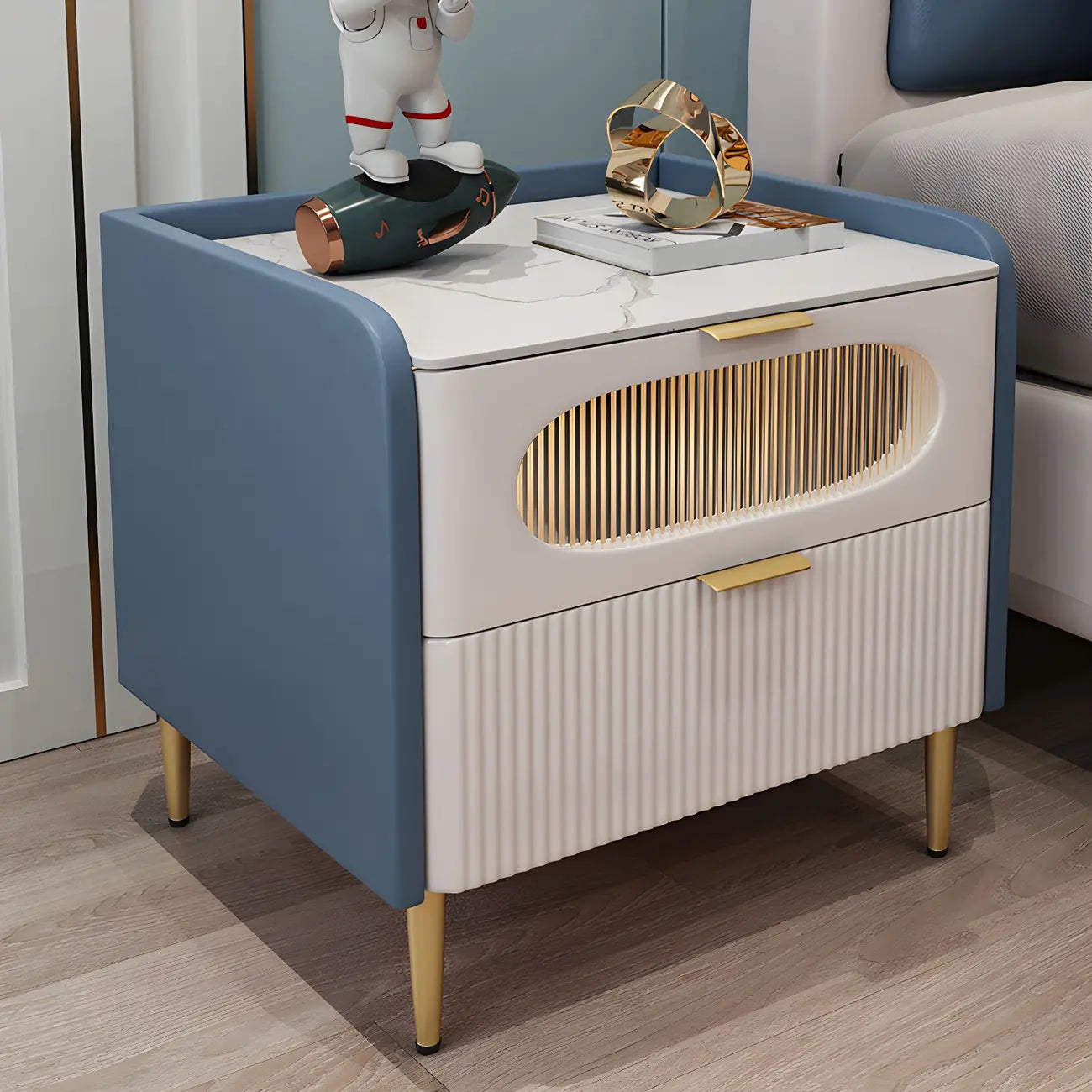 Table de chevet moderne en cuir avec 2 tiroirs et plateau en pierre