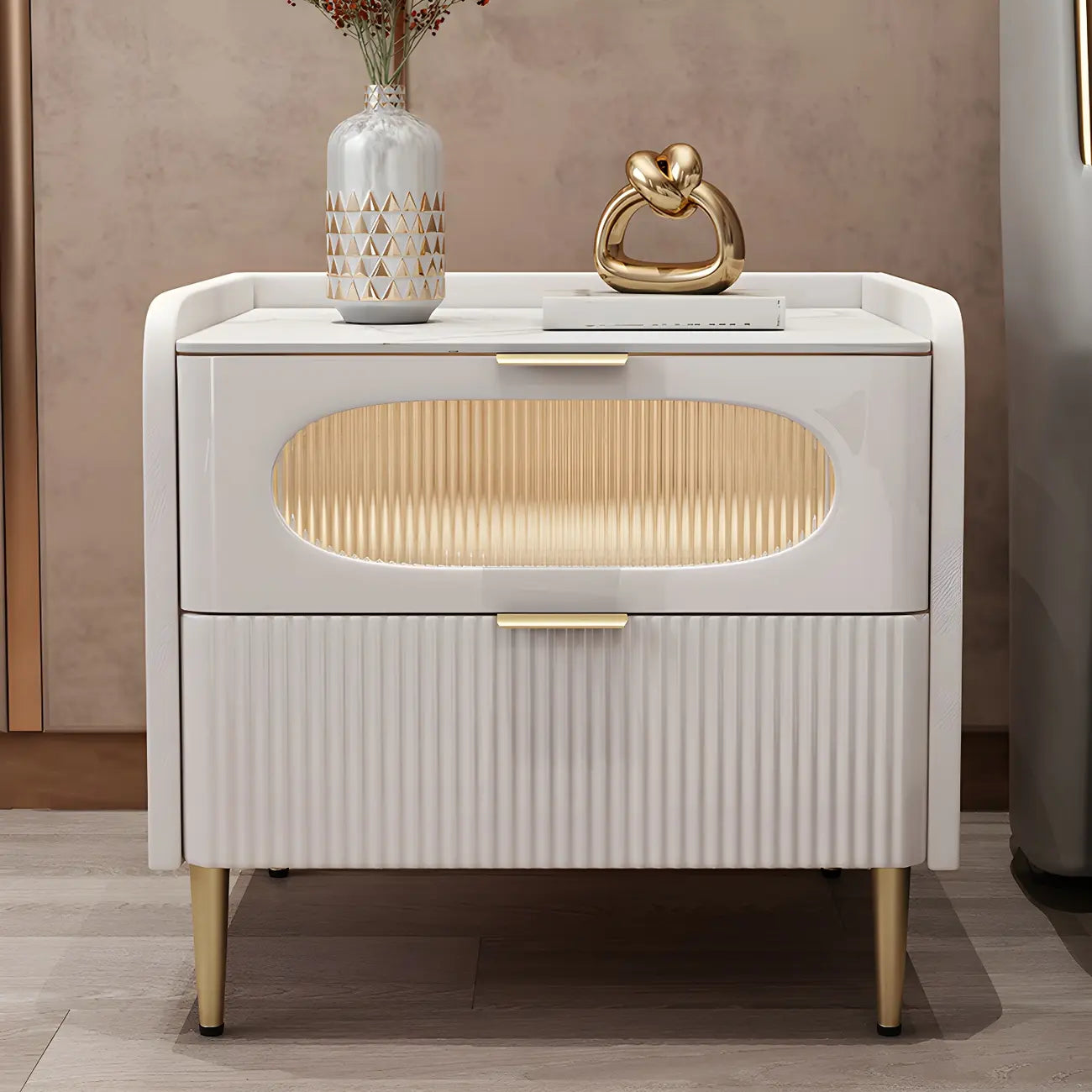 Table de chevet moderne en cuir avec 2 tiroirs et plateau en pierre