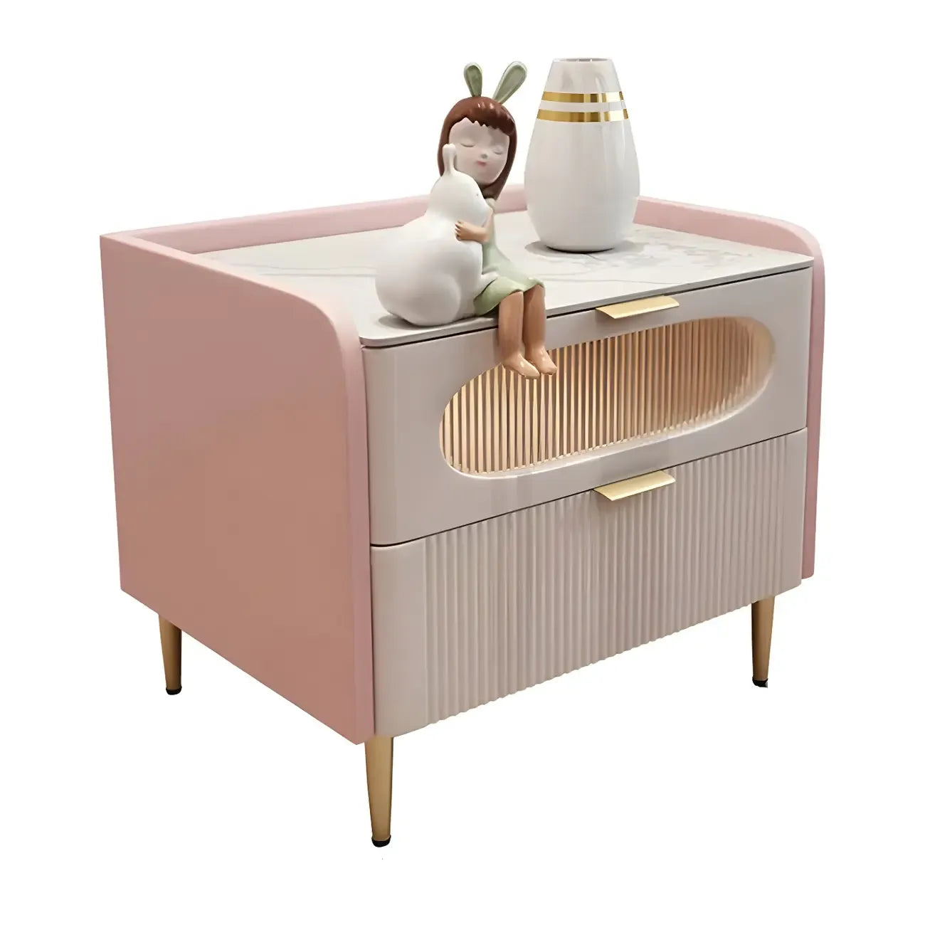 Table de chevet moderne en cuir avec 2 tiroirs et plateau en pierre