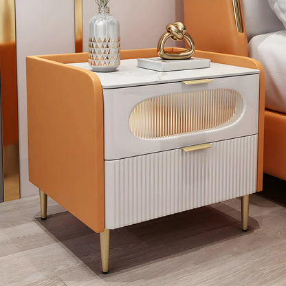 Table de chevet moderne en cuir avec 2 tiroirs et plateau en pierre