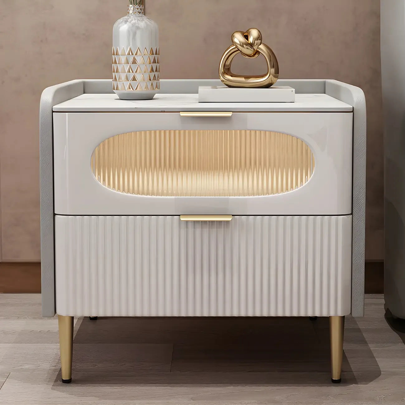 Table de chevet moderne en cuir avec 2 tiroirs et plateau en pierre