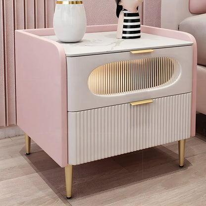 Table de chevet moderne en cuir avec 2 tiroirs et plateau en pierre