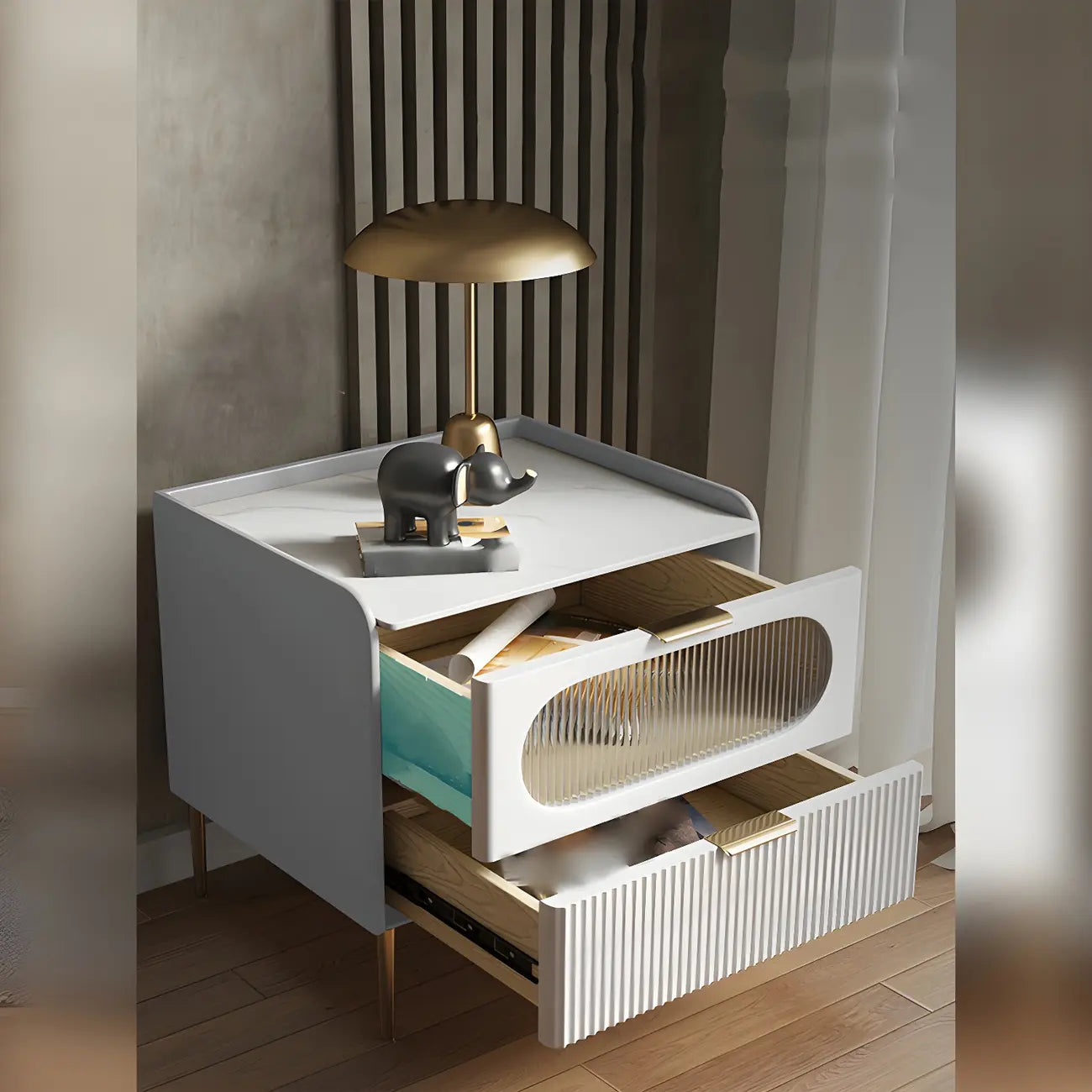 Table de chevet minimaliste en bois blanc avec tiroirs de rangement