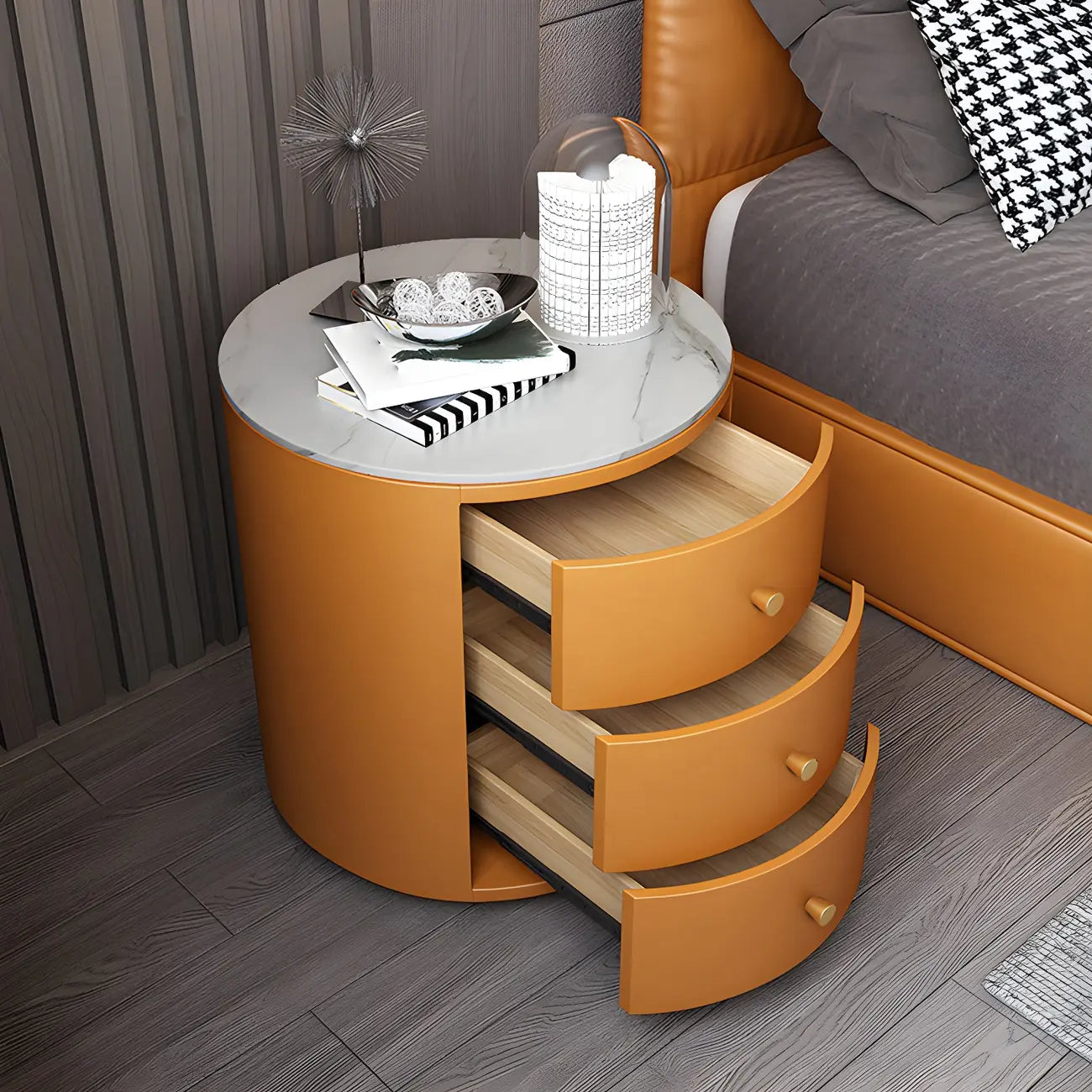 Table de chevet ronde moderne en similicuir gris avec deux tiroirs