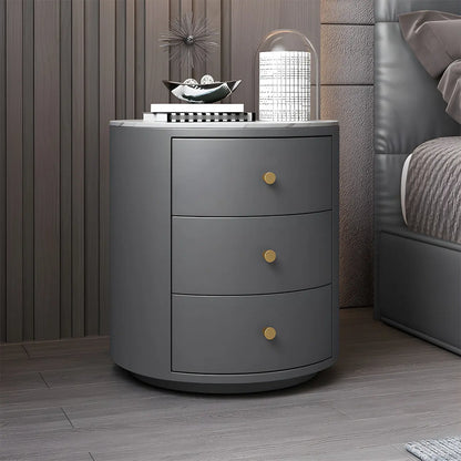 Table de chevet ronde moderne en similicuir gris avec deux tiroirs