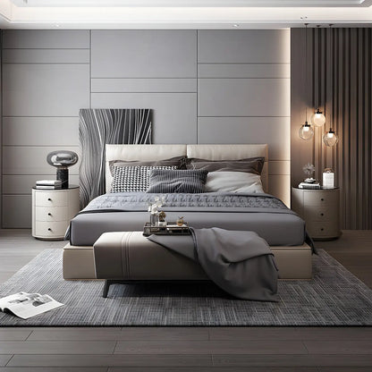 Table de chevet ronde moderne en similicuir gris avec deux tiroirs