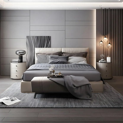 Table de chevet ronde moderne en similicuir gris avec deux tiroirs