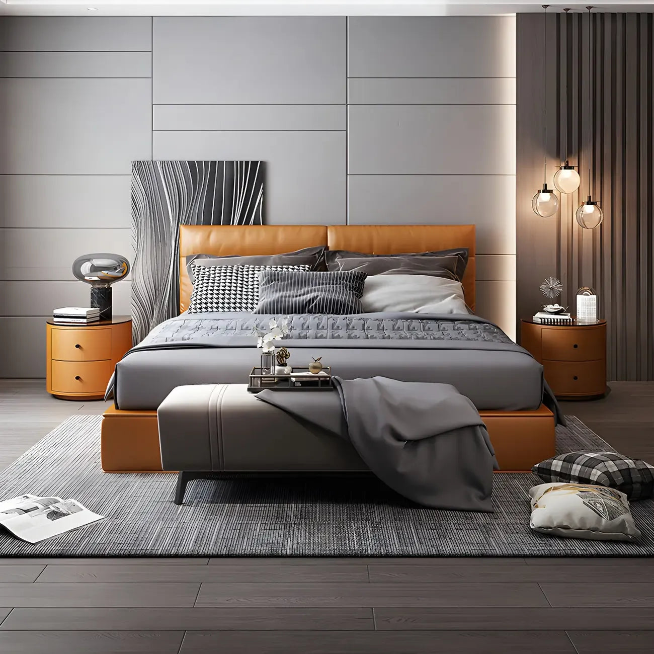 Table de chevet ronde moderne en similicuir gris avec deux tiroirs