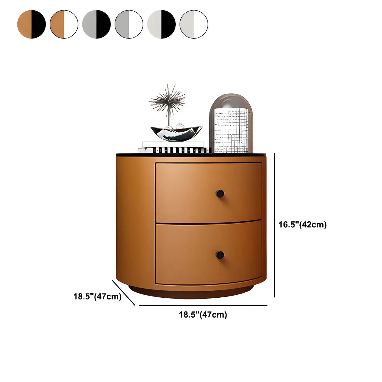Table de chevet ronde moderne en similicuir gris avec deux tiroirs