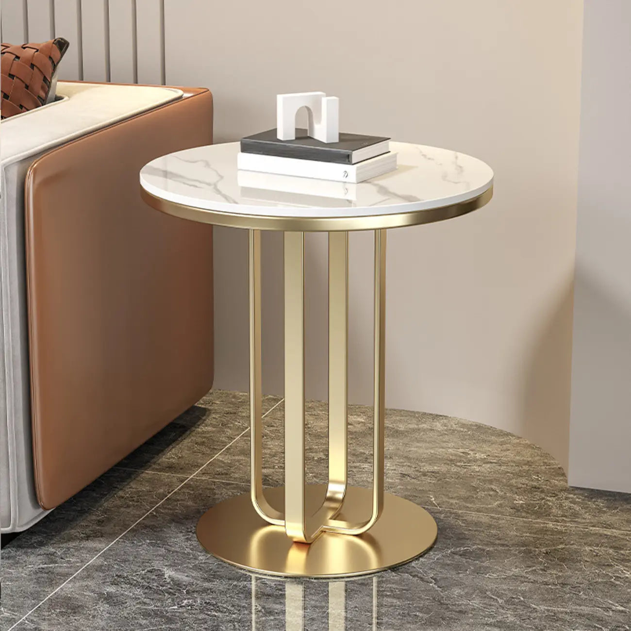 Table d'appoint ronde moderne en pierre frittée blanche pour salon