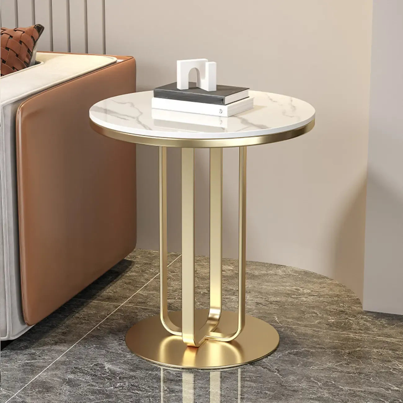 Table d'appoint ronde moderne en pierre frittée blanche pour salon