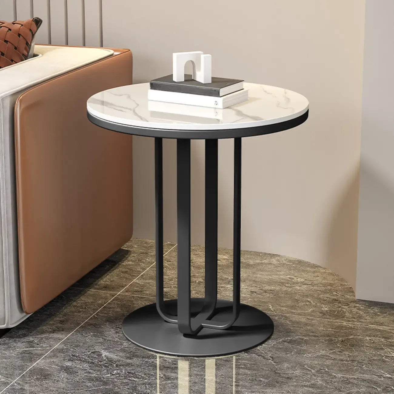 Table d'appoint ronde moderne en pierre frittée blanche pour salon