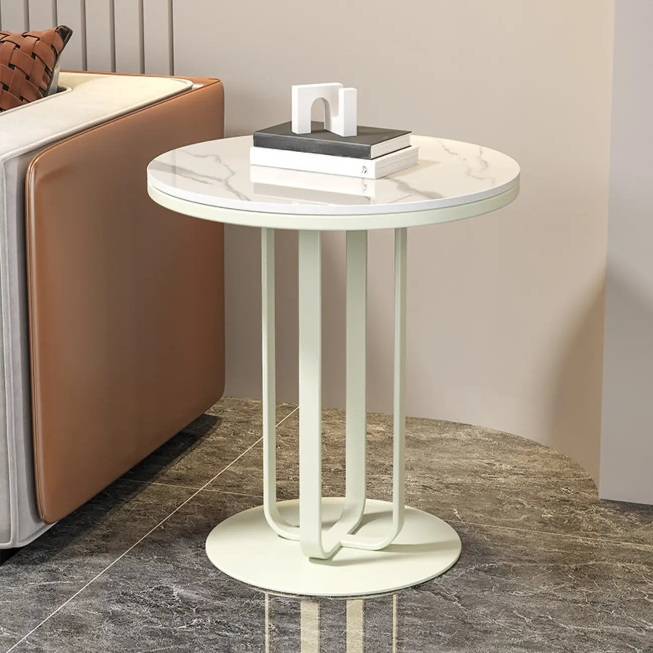 Table d'appoint ronde moderne en pierre frittée blanche pour salon
