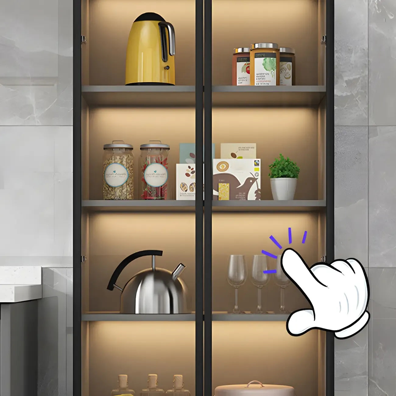 Vitrine moderne en bois gris avec portes vitrées