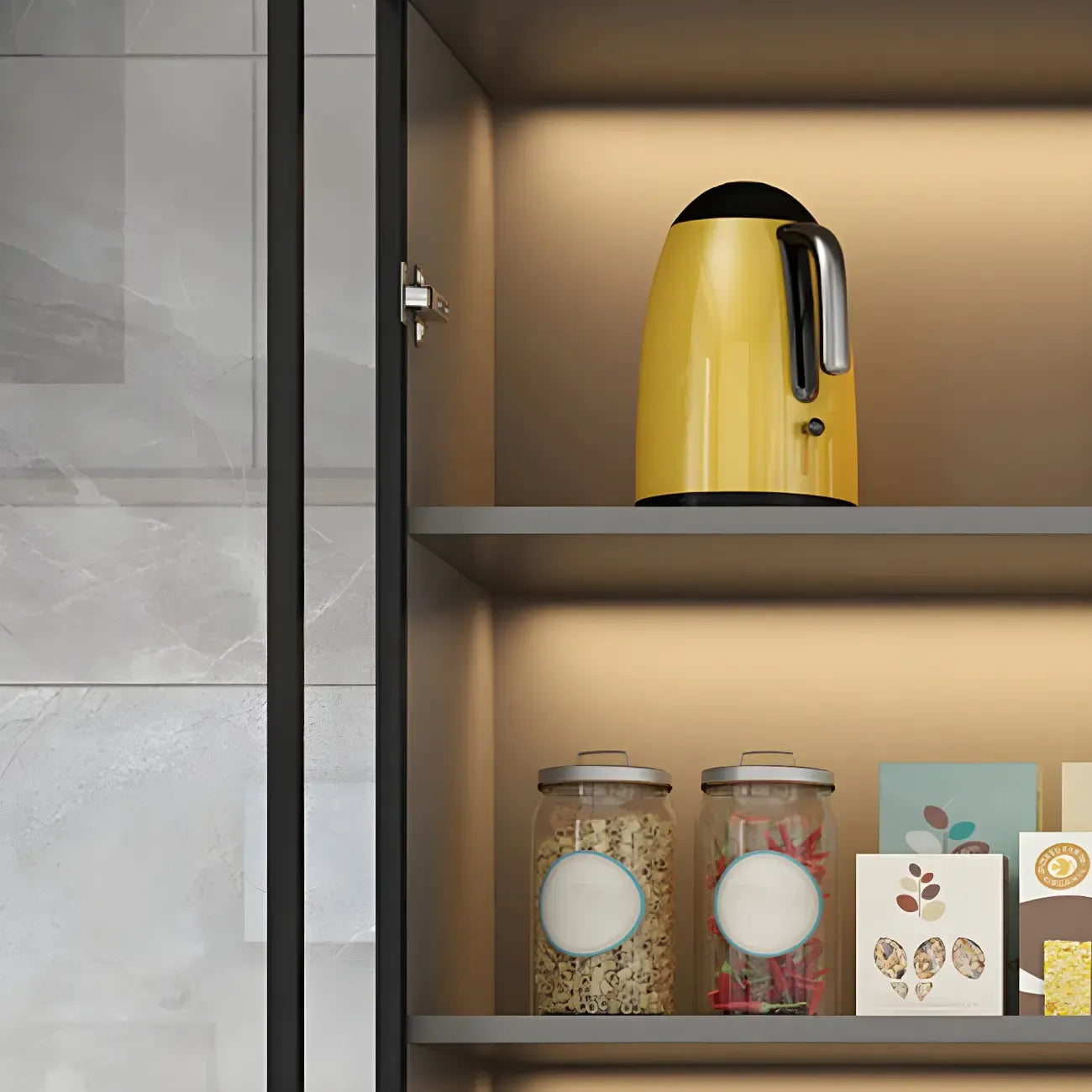 Vitrine moderne en bois gris avec portes vitrées