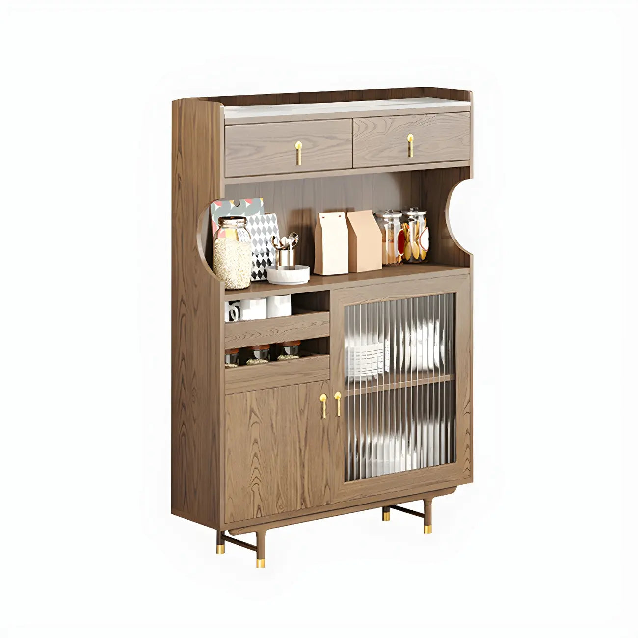 vaisselier de cuisine en bois brun avec porte vitrée et rangements