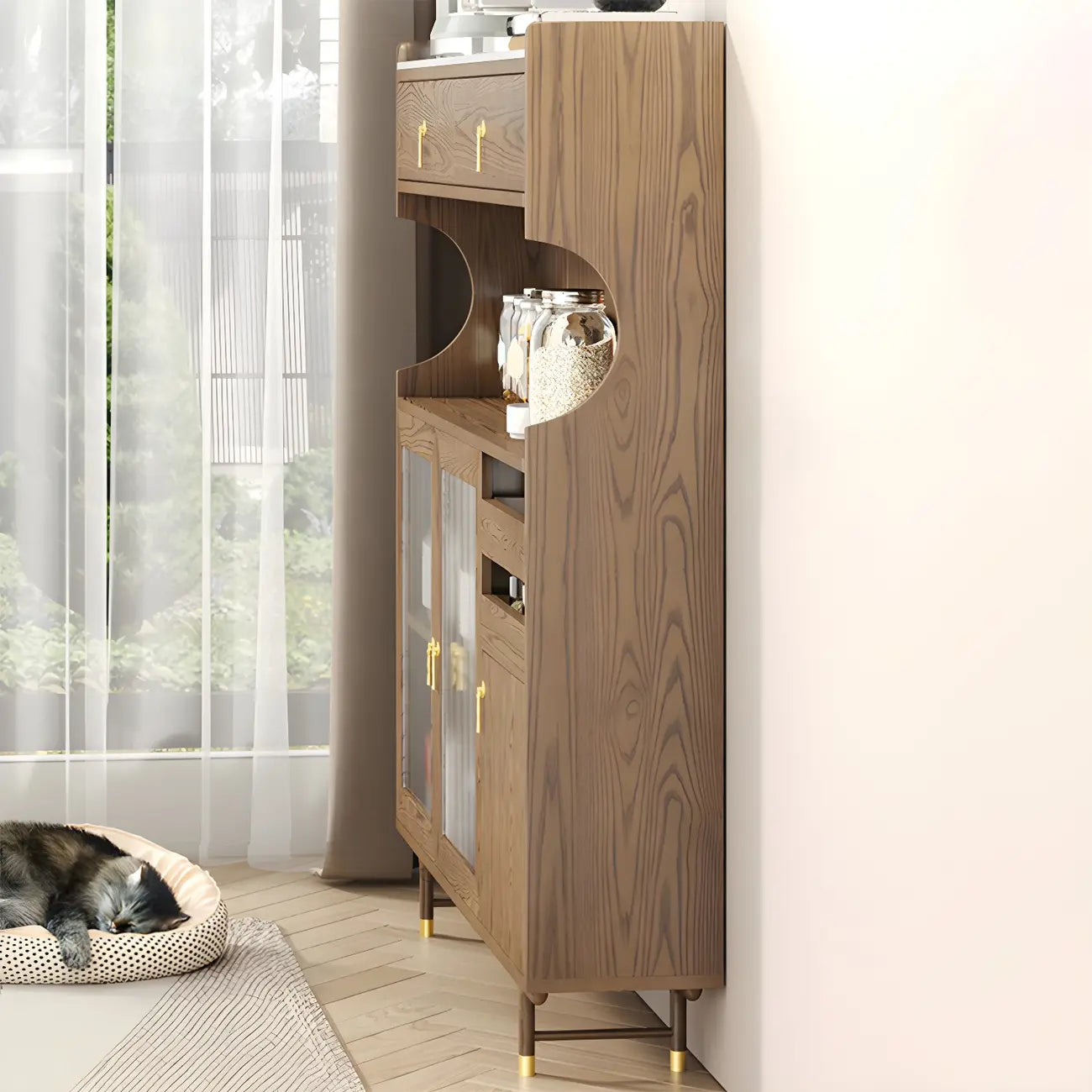 vaisselier de cuisine en bois brun avec porte vitrée et rangements